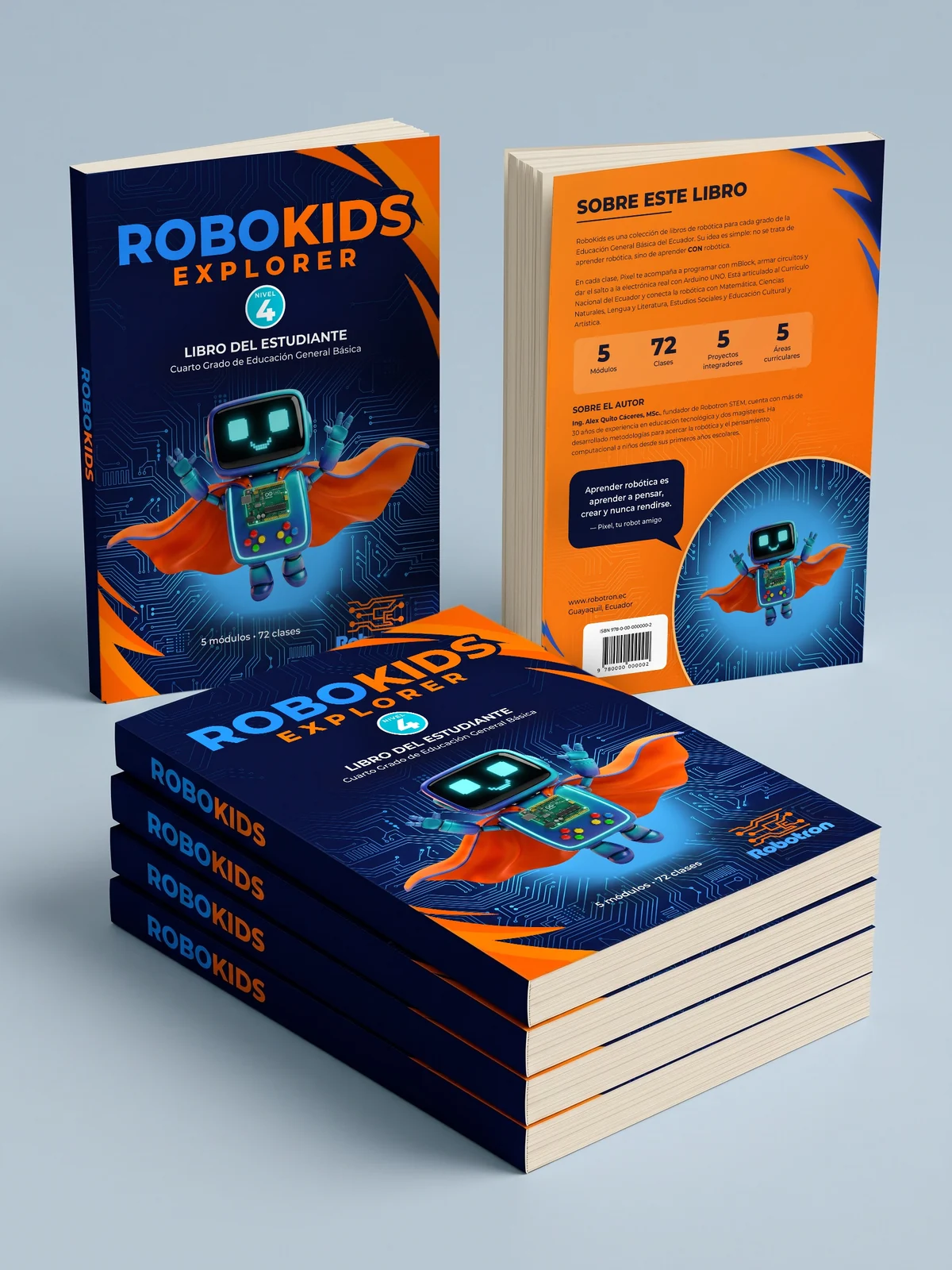 Libro del Estudiante RoboKids Explorer, cuarto grado: portada, contraportada y pila de libros