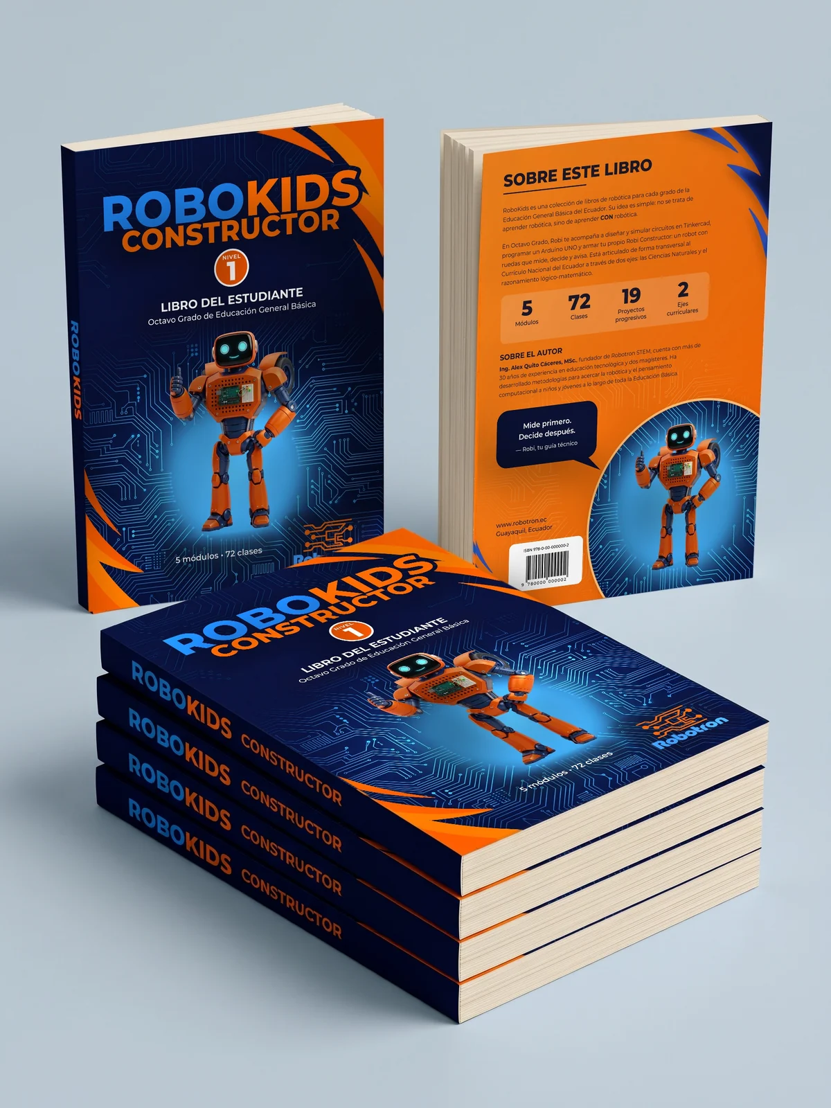 Libro del Estudiante RoboKids Constructor, octavo grado: portada, contraportada y pila de libros
