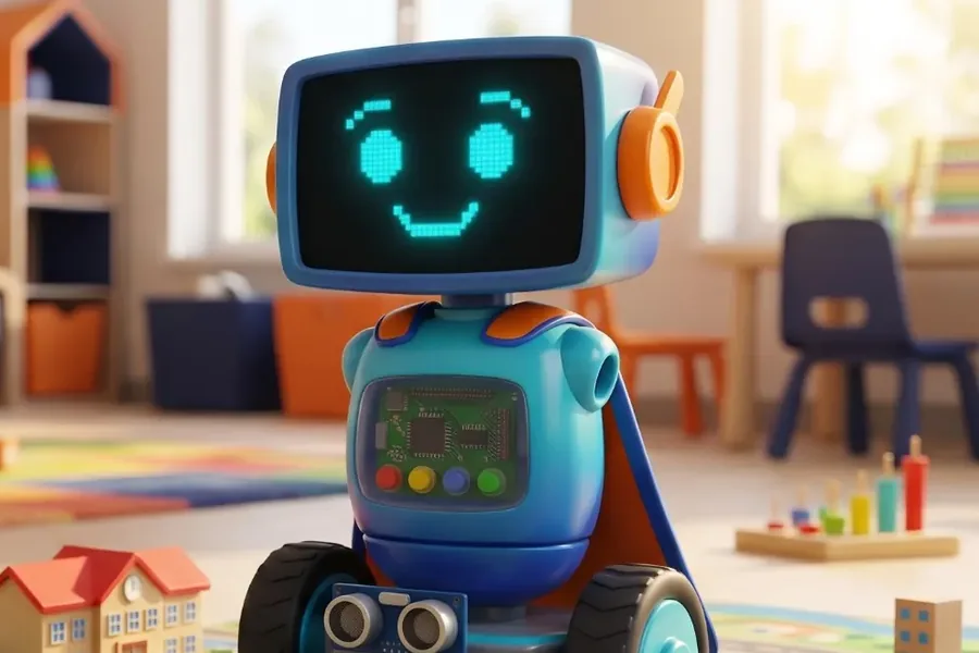 El robot Pixel sobre el tapete de la ciudad