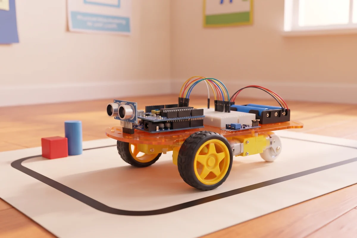 Robi Constructor: carro robot con chasis naranja, motores y ruedas amarillos, placa compatible con Arduino UNO con shield de motores, sensor ultrasónico y portapilas, sobre un tapete con línea negra